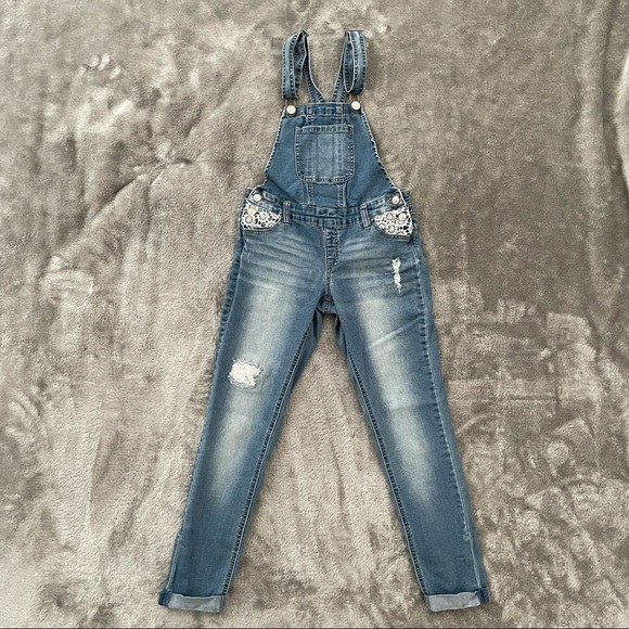 Justice Distressed Ripped Jean Super Skinny Overall Pants Lace Pocket Size 12 - Picture 1 of 9